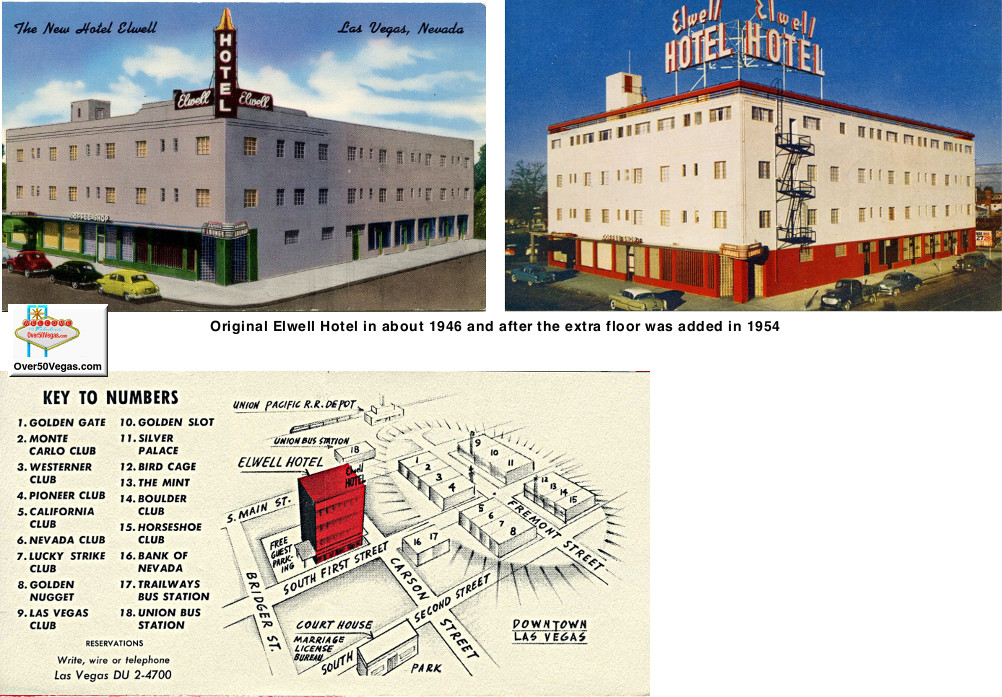 Two views of the Elwell Hotel in downtown Las Vegas before and after it was enlarged in 1954.